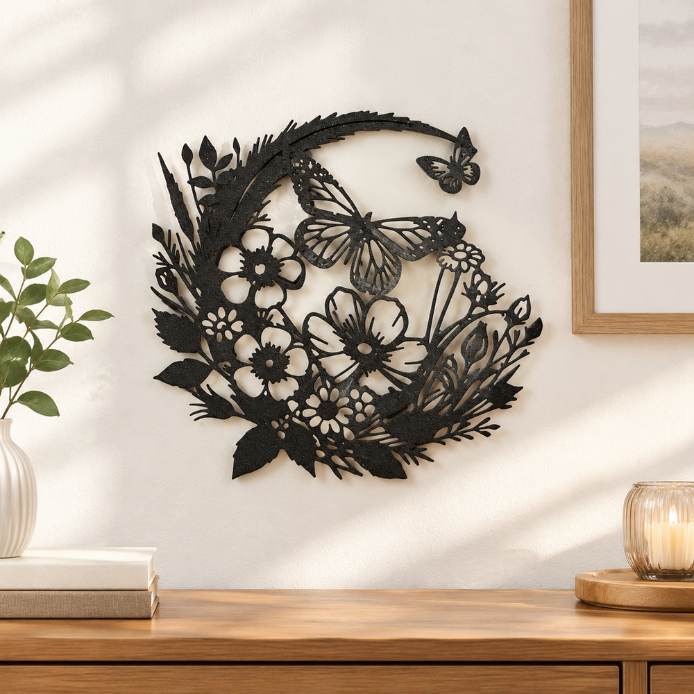 Floral and Butterfly Silhouette Hanging Wall Art Ornament, Nature Inspired Home Decor Piece — main product view