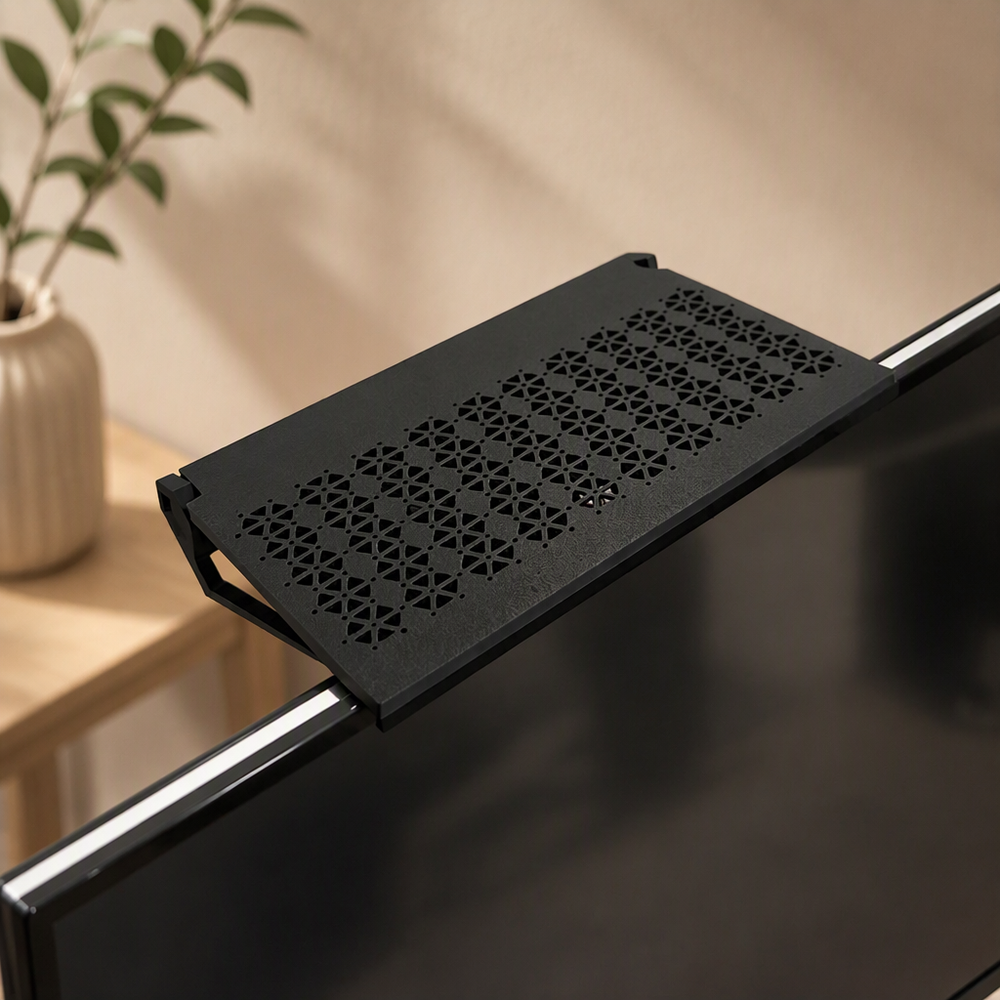 Adjustable Ventilated Monitor Top Shelf, Perforated Desktop Storage Holder for Computer Screen — product scene
