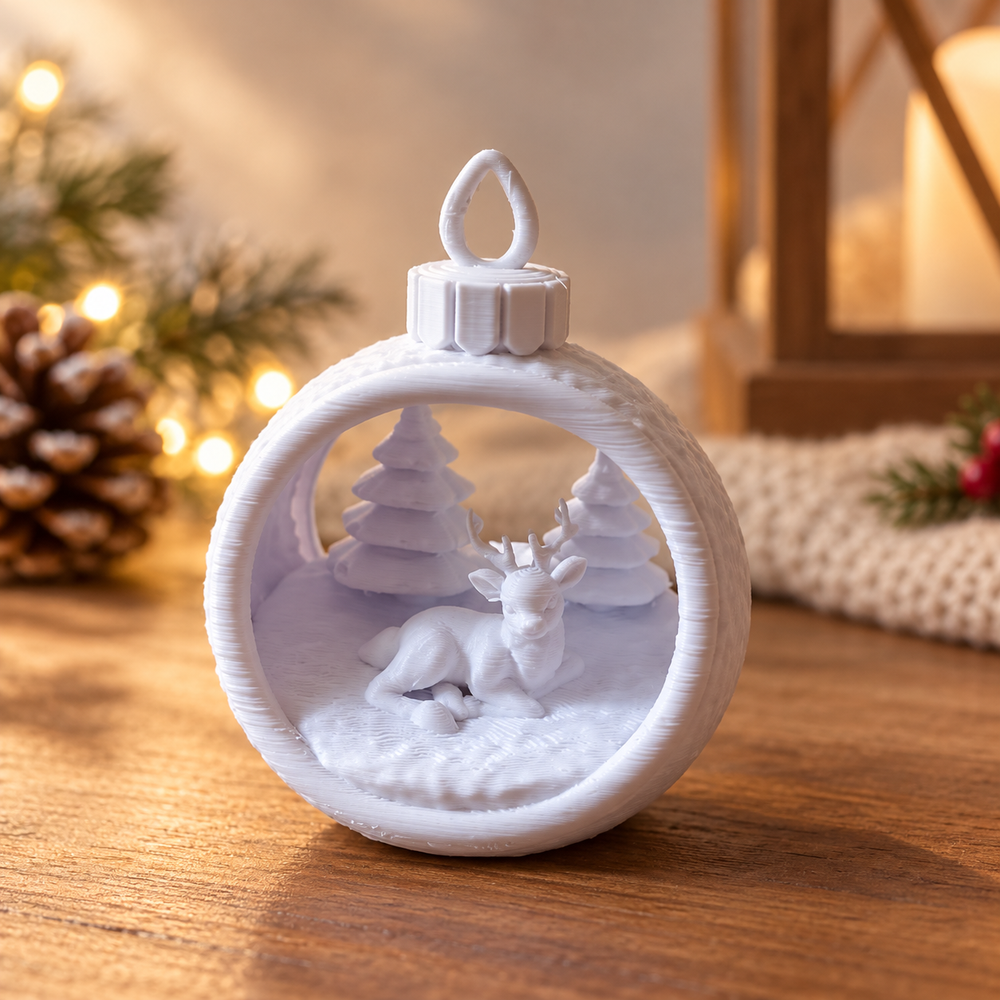 Hollow Round Christmas Hanging Ornament with Reclining Deer and Pine Tree Scene — product scene