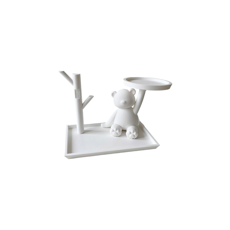 Bear Shaped Decorative Storage Organizer with Base Tray, Tree Branch Hanger and Top Round Tray for Small Items — white background