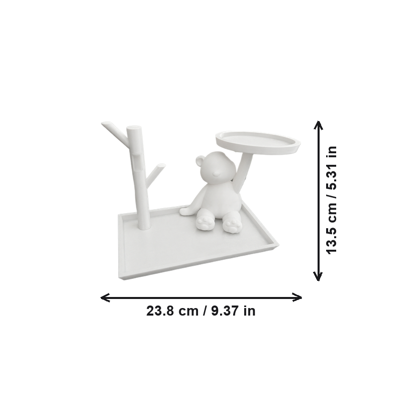 Bear Shaped Decorative Storage Organizer with Base Tray, Tree Branch Hanger and Top Round Tray for Small Items — white background