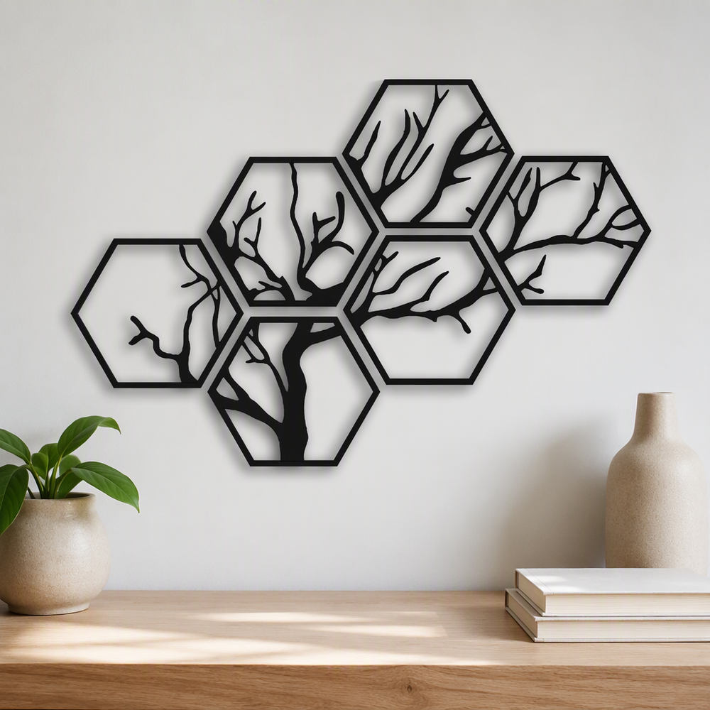 Hexagonal Tree Silhouette Wall Art Set, Geometric Hollow Home Wall Decor — additional product view