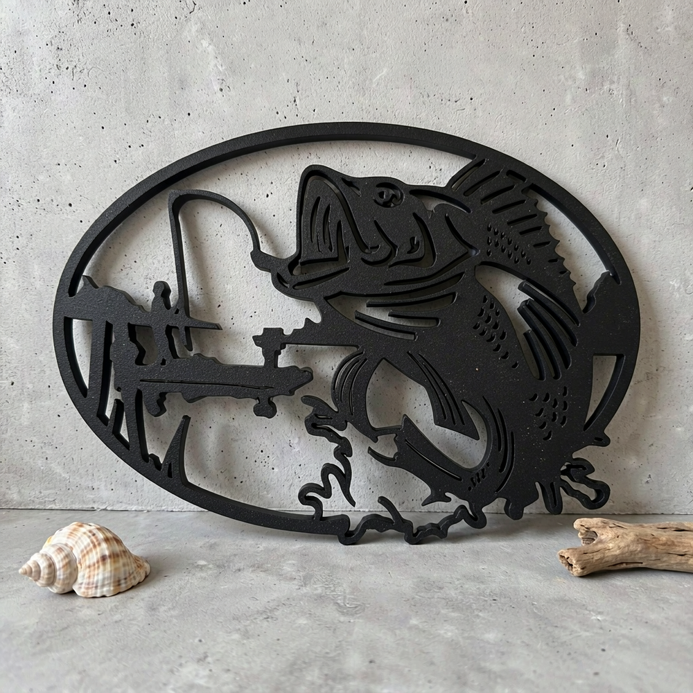 Bass Fishing Themed Oval Cutout Hanging Wall Art Decoration — main product view