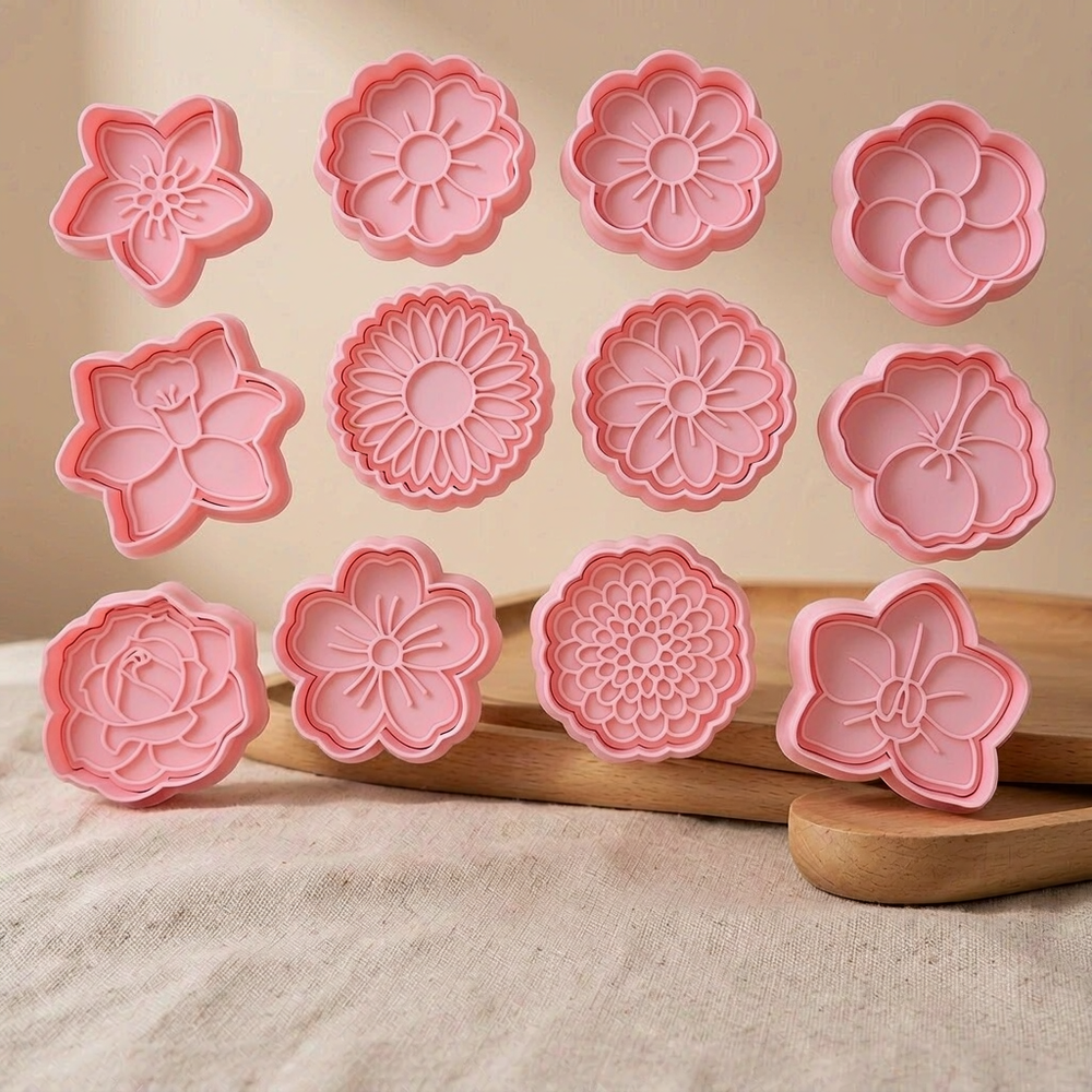 12 Piece Flower Shaped Embossed Cookie Cutters and Stamps Set, Baking Tools for Cookies and Pastries — product scene