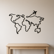 Minimalist Travel Line Art World Map Wall Decor with Airplane Detail — main product view