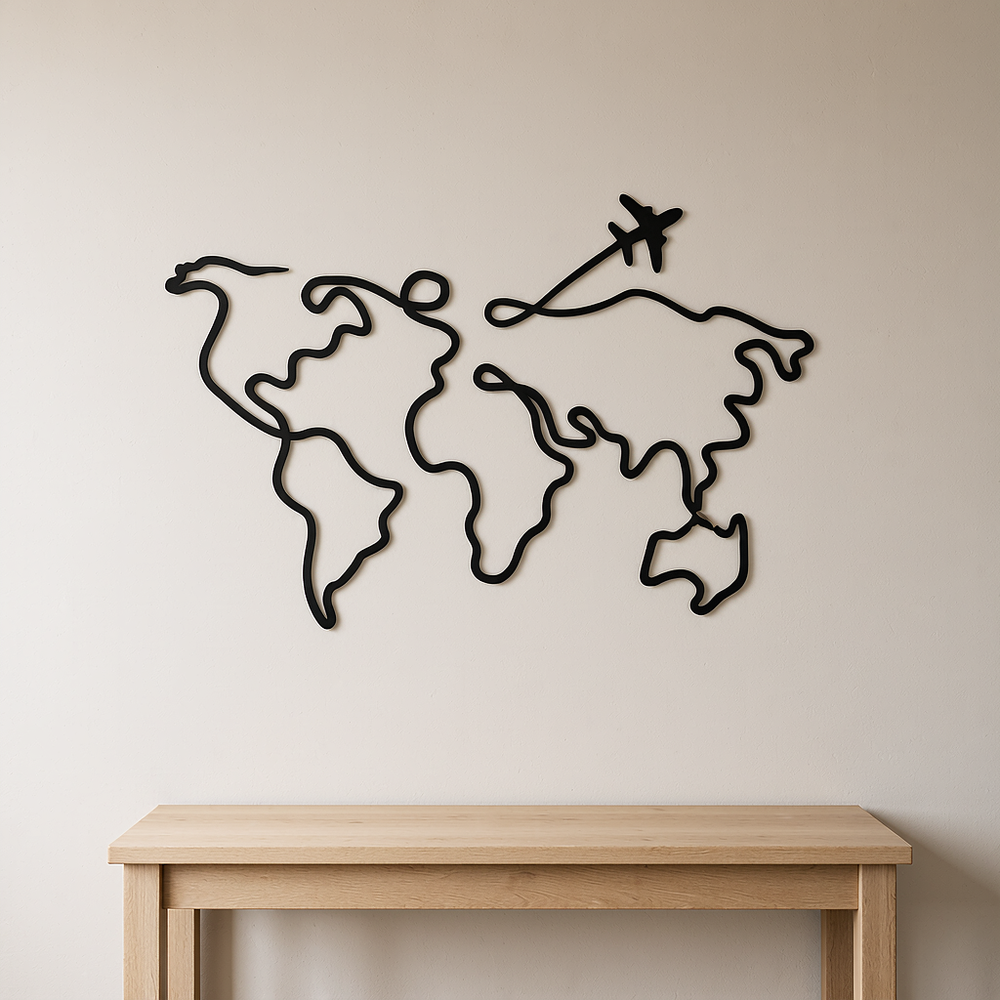 Minimalist Travel Line Art World Map Wall Decor with Airplane Detail — main product view