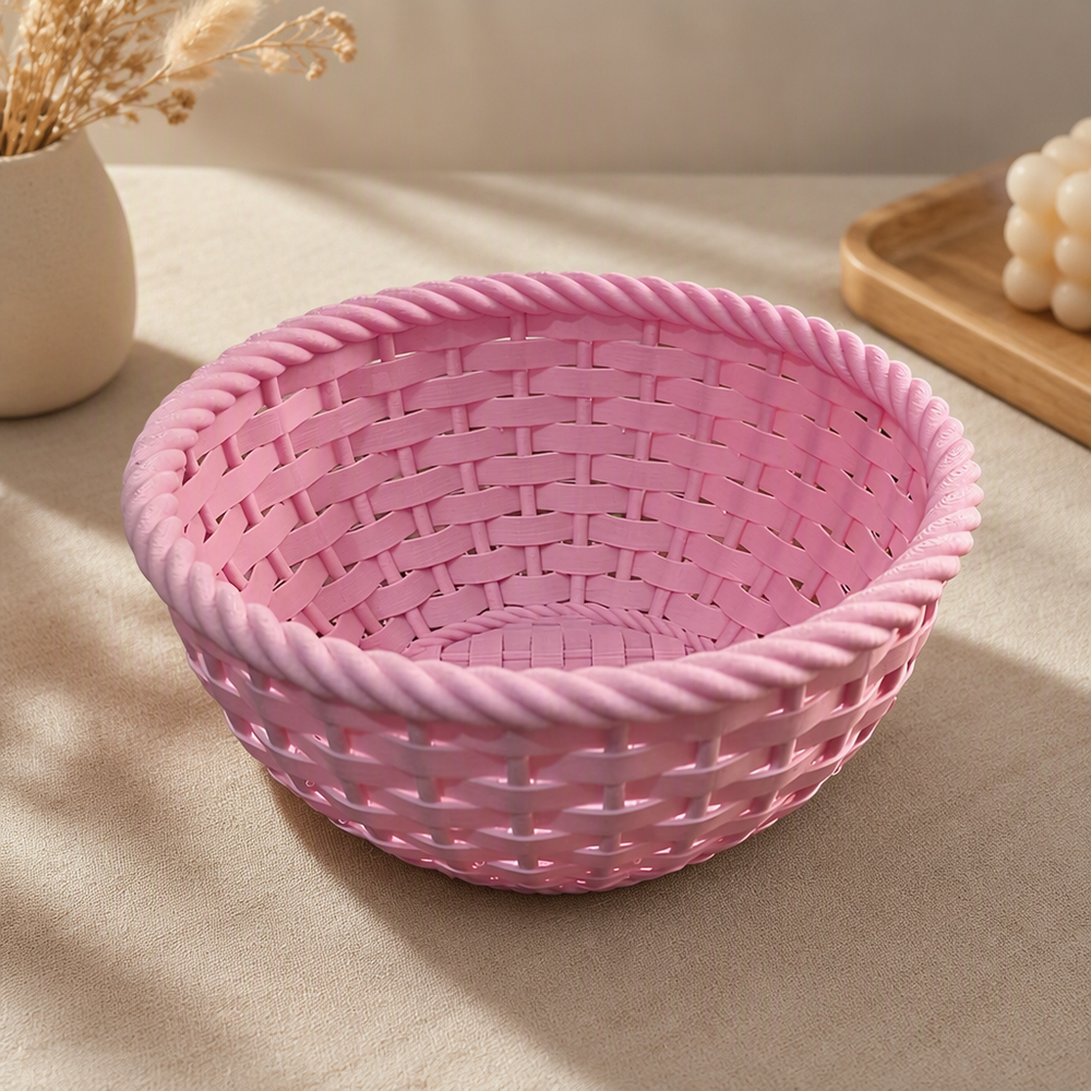 Round Simulated Woven Texture Desktop Storage Basket, Small Item Organizer for Sundries, Snacks and Decor — product scene