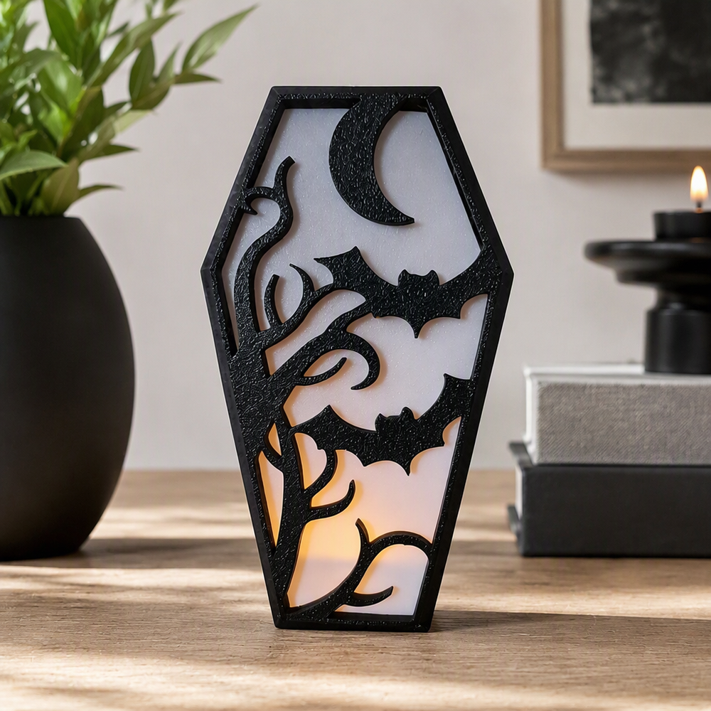 Spooky Gothic Coffin Shaped Storage and Light Holder with Hollow Bat, Crescent Moon and Twisted Tree Design for Holiday Home Display — main product view