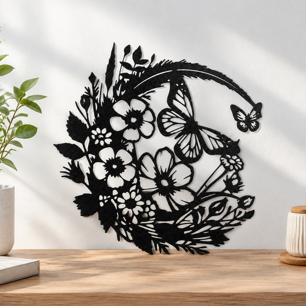 Floral and Butterfly Silhouette Hanging Wall Art Ornament, Nature Inspired Home Decor Piece — additional product view