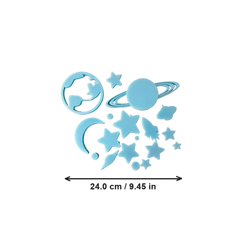 Glow In The Dark Space Themed Wall Decor Set, Ice Blue Planet Star Moon Rocket Motif Decoration
