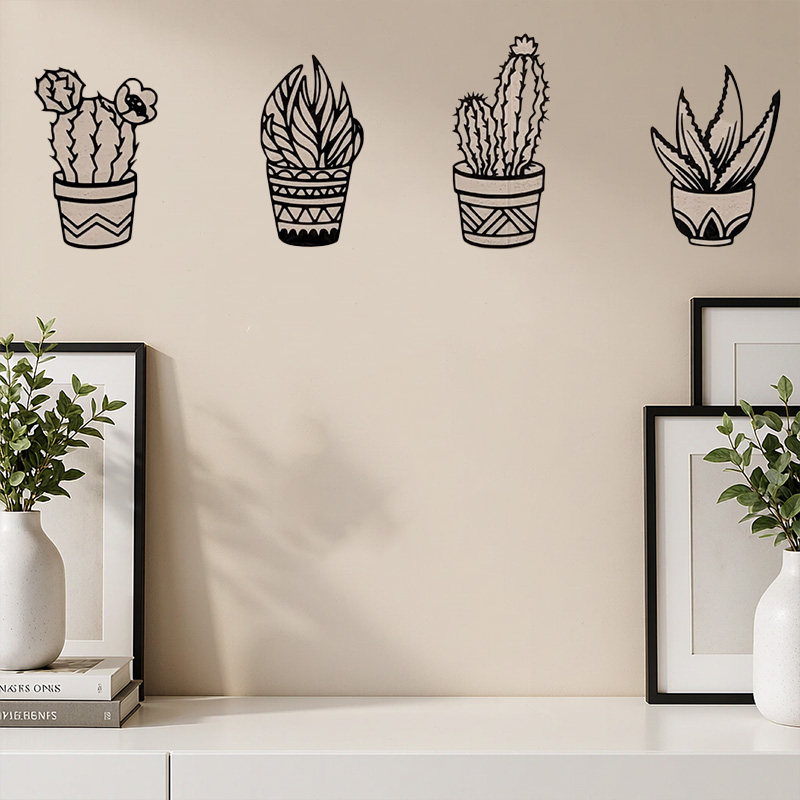 4-Piece Potted Succulent Cactus Wall Art, Minimalist Plant Themed Home Wall Decor — product scene