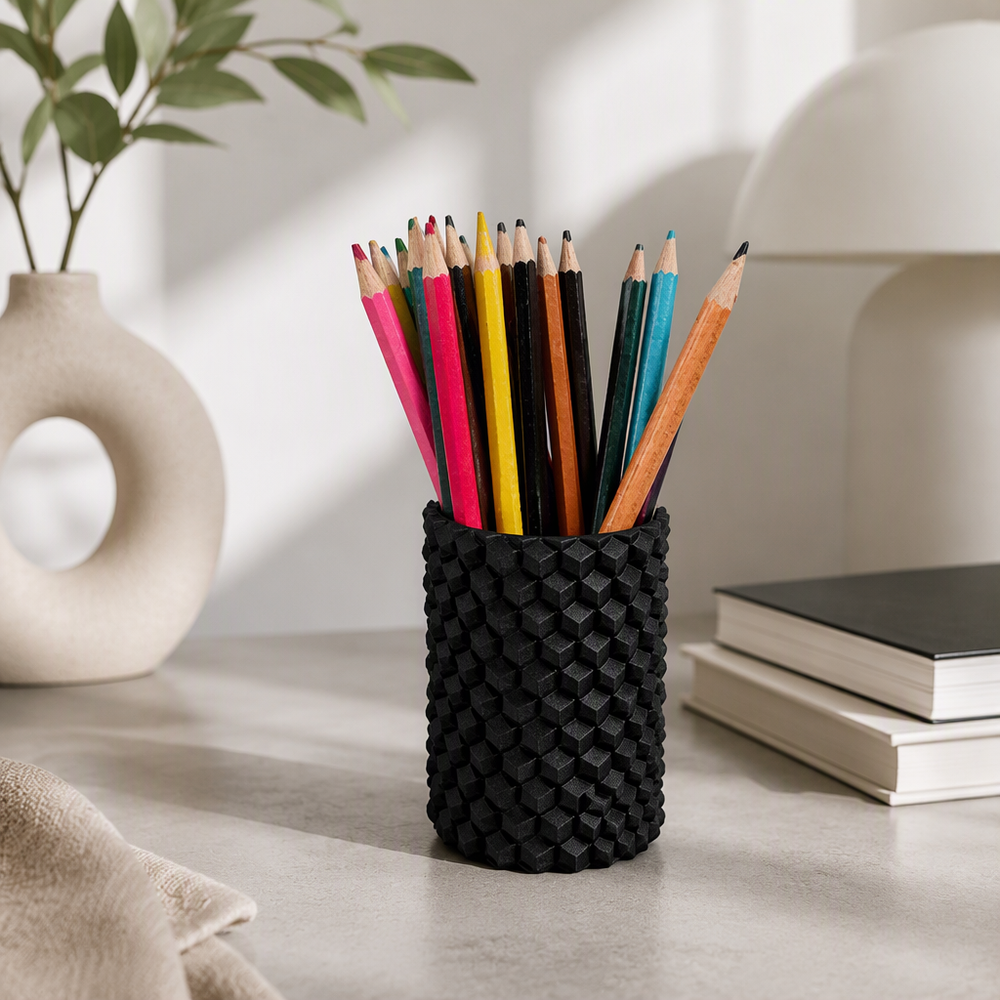 Geometric Textured Cylindrical Pen Holder, Desktop Stationery Organizer for Office and Home Desks — main product view