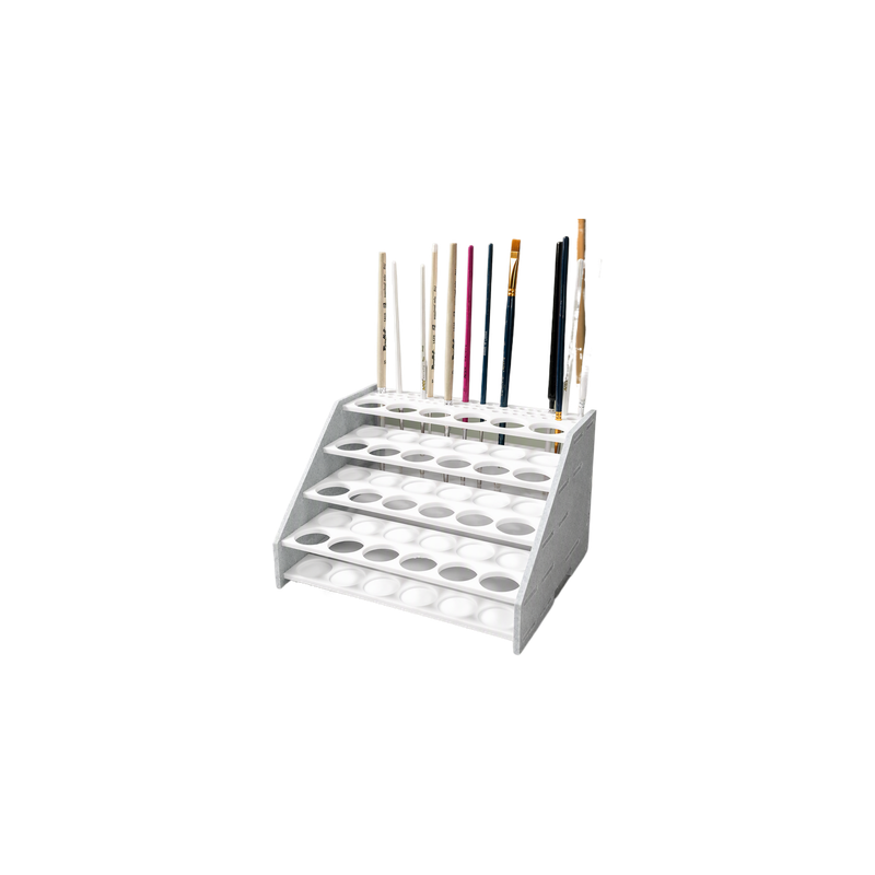 Tiered Craft Paint Storage Rack with Integrated Brush Holder, Desktop Organizer for Paint Bottles and Paintbrushes — white background