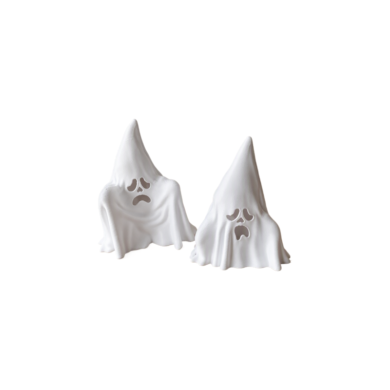 2 Piece Spooky Ghost Figurines, Halloween Tabletop Shelf Home Display Decor Set — white background