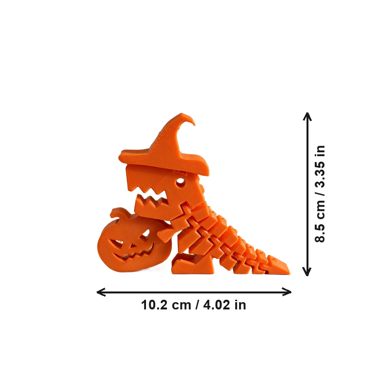 Flexible Posing Halloween Dinosaur Figurine with Witch Hat and Jack-O'-Lantern Desktop Display Decoration — dimensions