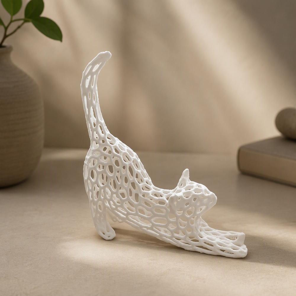 Hollow Mesh Cat Sculpture, Modern Stretching Animal Figurine for Home Desk and Shelf Display Decor — product scene