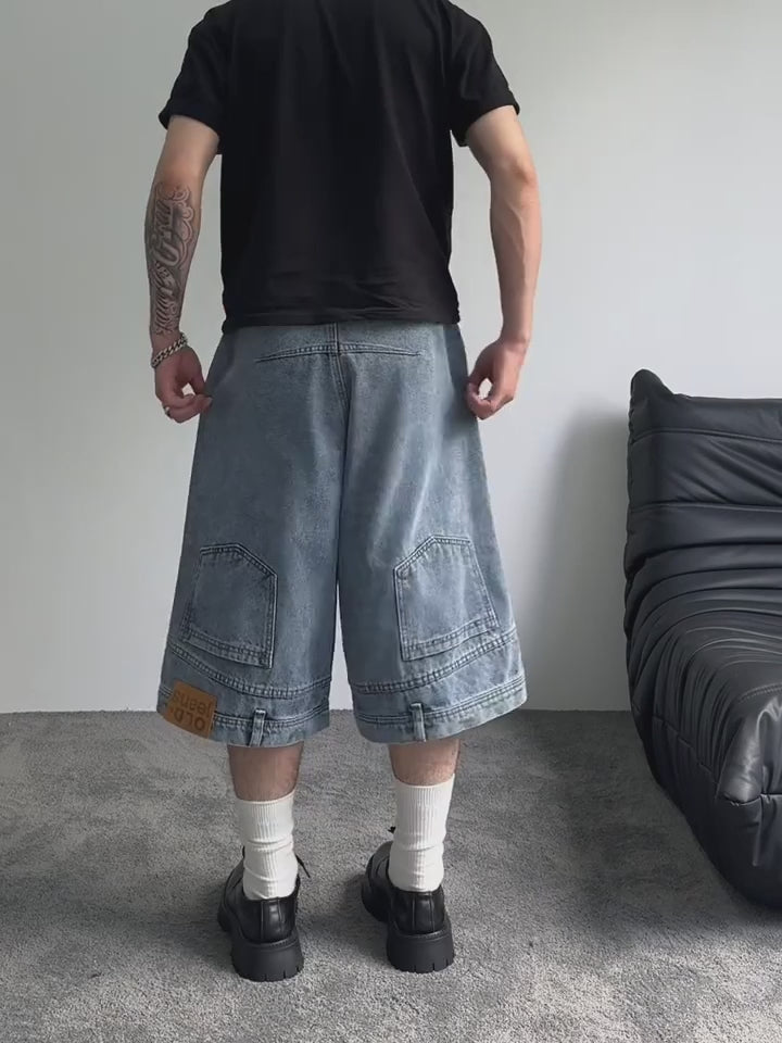 "YOUR PANTS ARE ON BACKWARDS" FADED DENIM JORTS